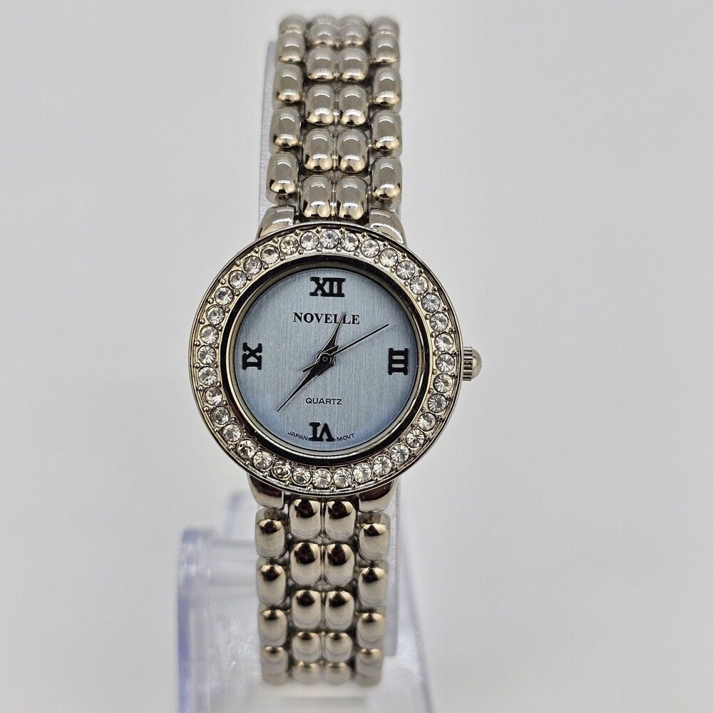 Novelle Women's Watch 26MM Blue Dial Crystal‎ Bezel Gray Bracelet 7" New Battery